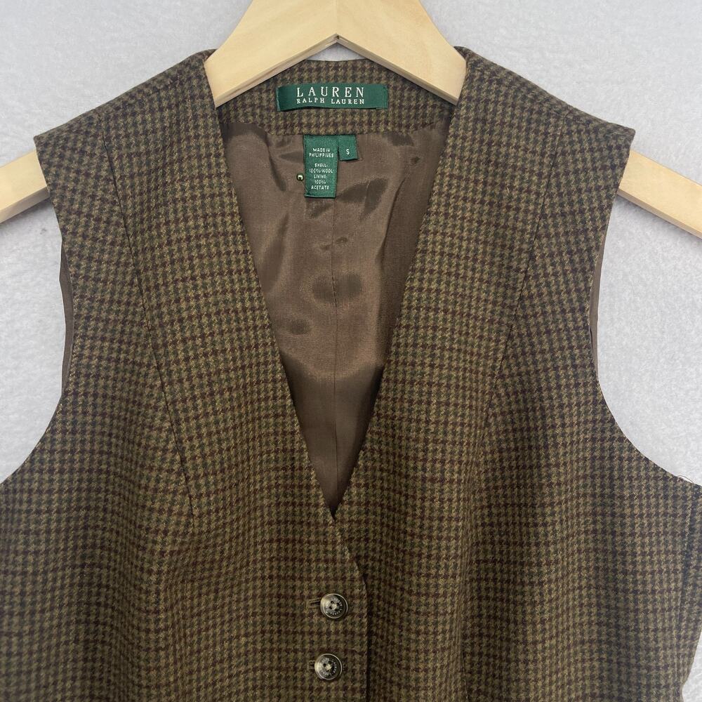 LAUREN RALPH LAUREN Vest S Wool Tweed Houndstooth Waistcoat Suit Button Up Brown - Picture 4 of 12